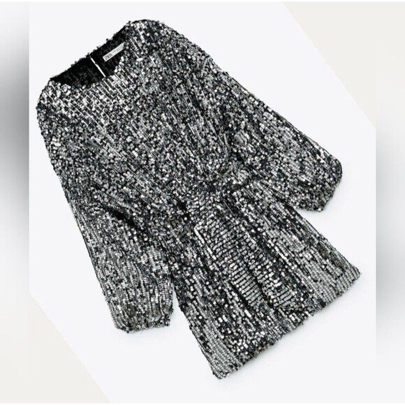 ZARA  SILVER SEQUIN MINI DRESS 2731/328 Size Medium - Picture 3 of 7